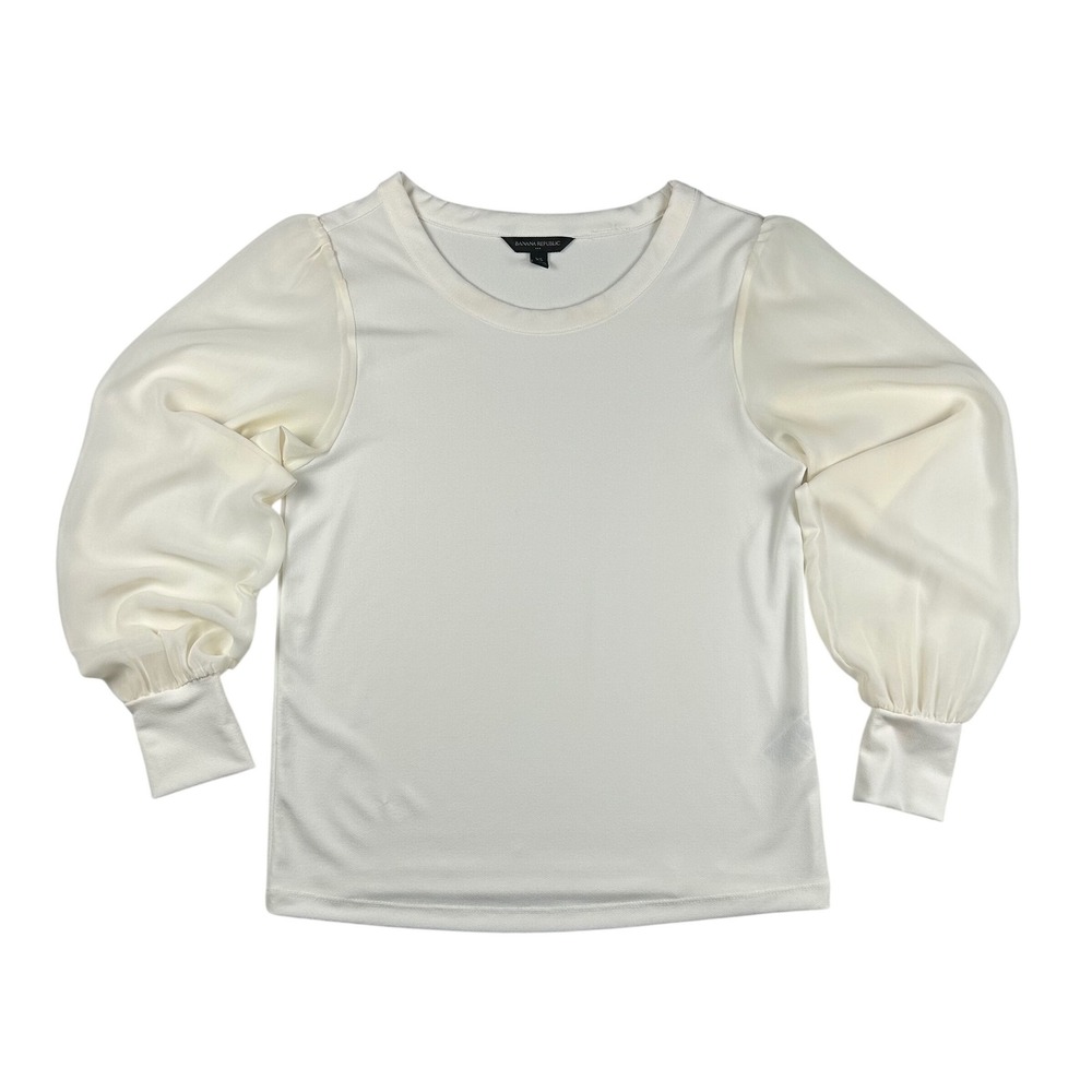 Banana Republic Women White Crepe Mixed Media Puff Sleeve Top XS Snow Day